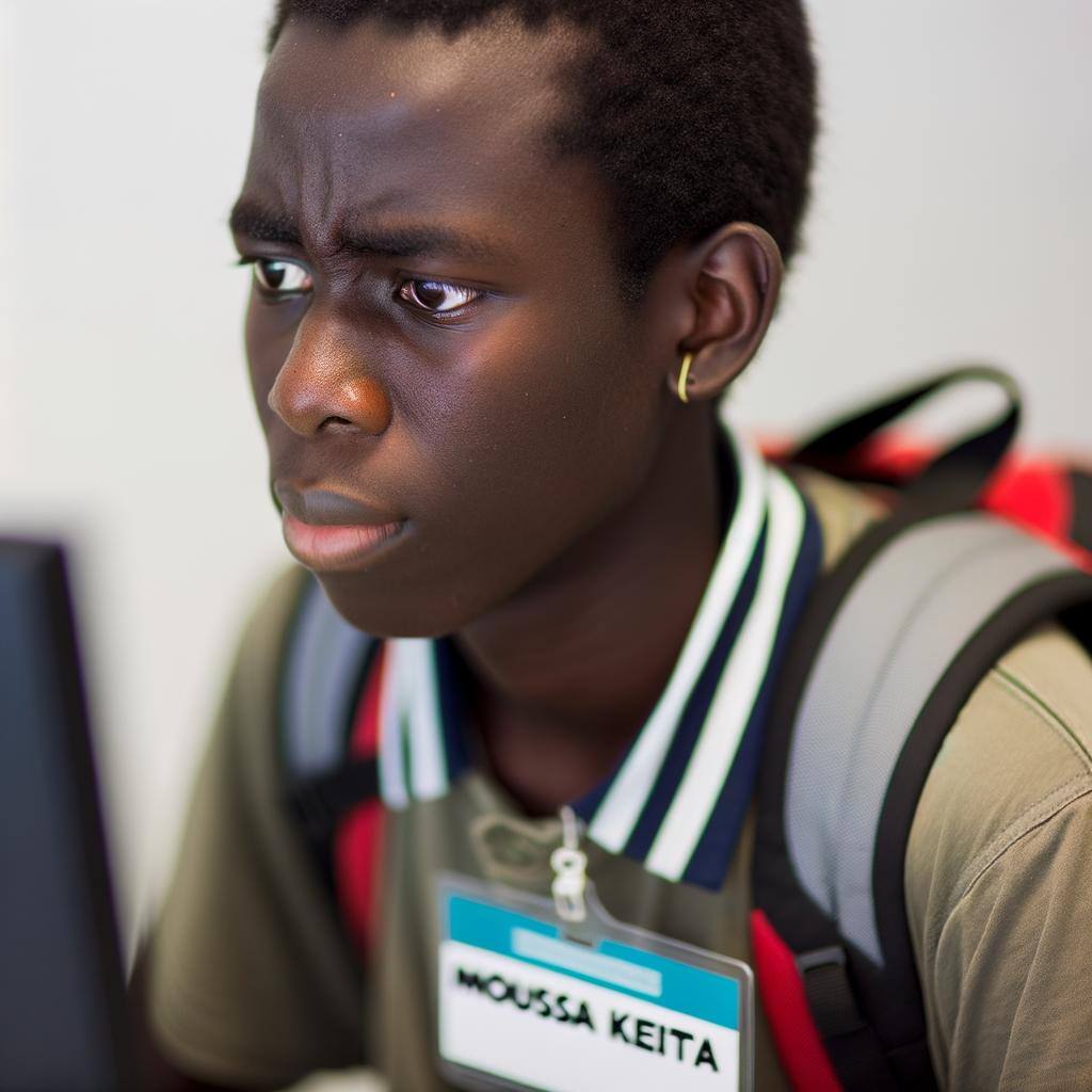 A serious African student, Moussa Keita, carrying a backpack and looking at a computer screen.