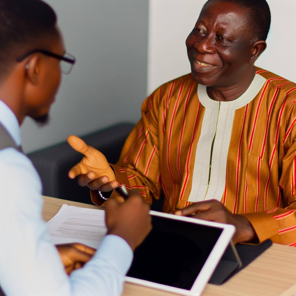 Un entrepreneur africain, Femi Okafor, discutant avec un client devant un ordinateur portable ou une tablette