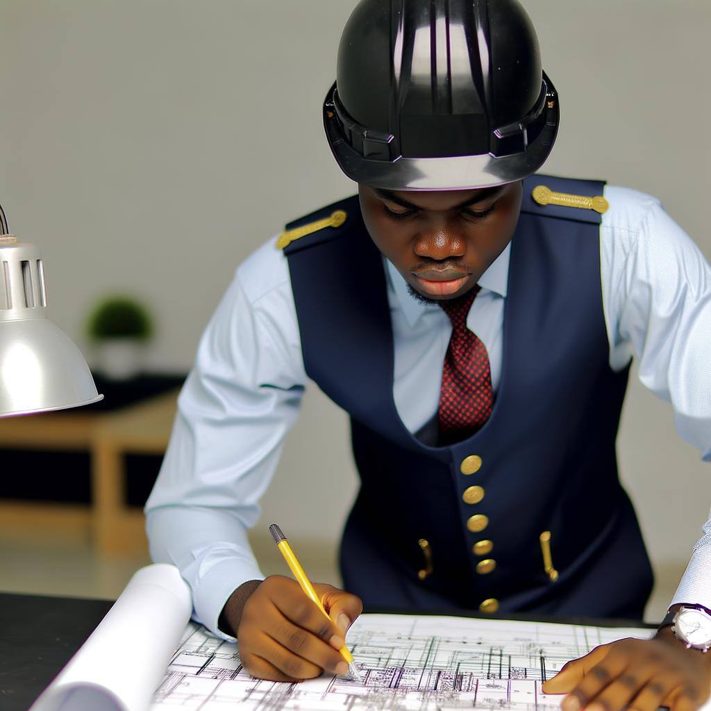 Un ingénieur africain, Oluwaseun Adeleke, portant un casque et travaillant sur des plans techniques