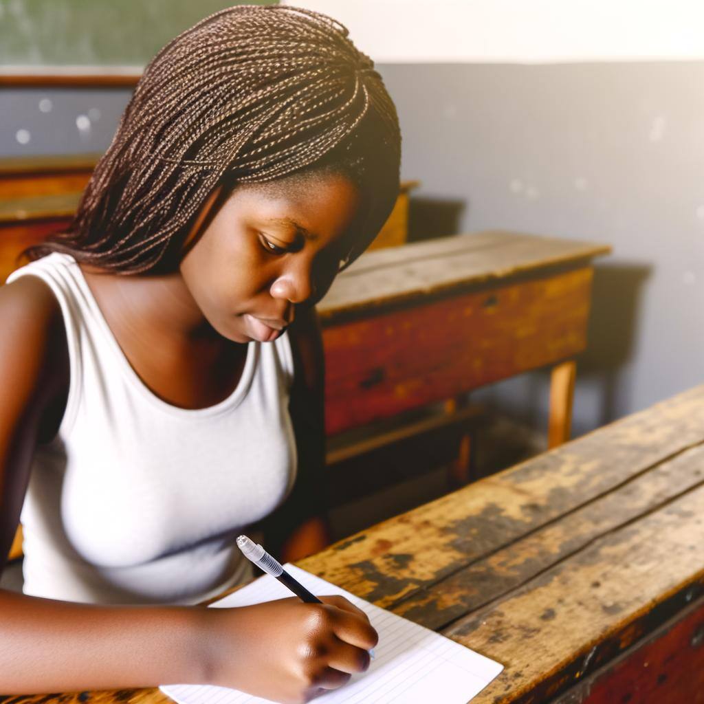 A focused student, Aïssatou Diallo, taking notes with a pen in a classroom.