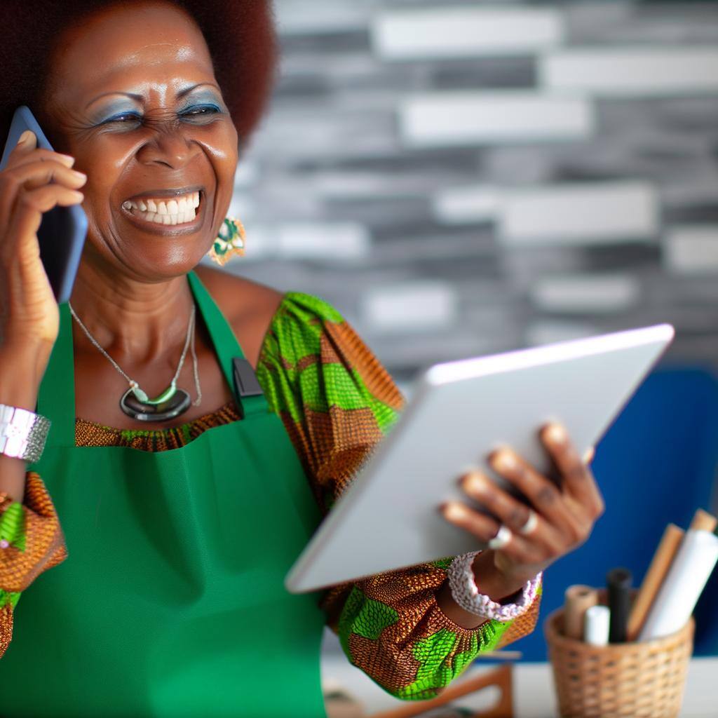 A dynamic shopkeeper, Nadia Abdi, talking on the phone while consulting a digital tablet.
