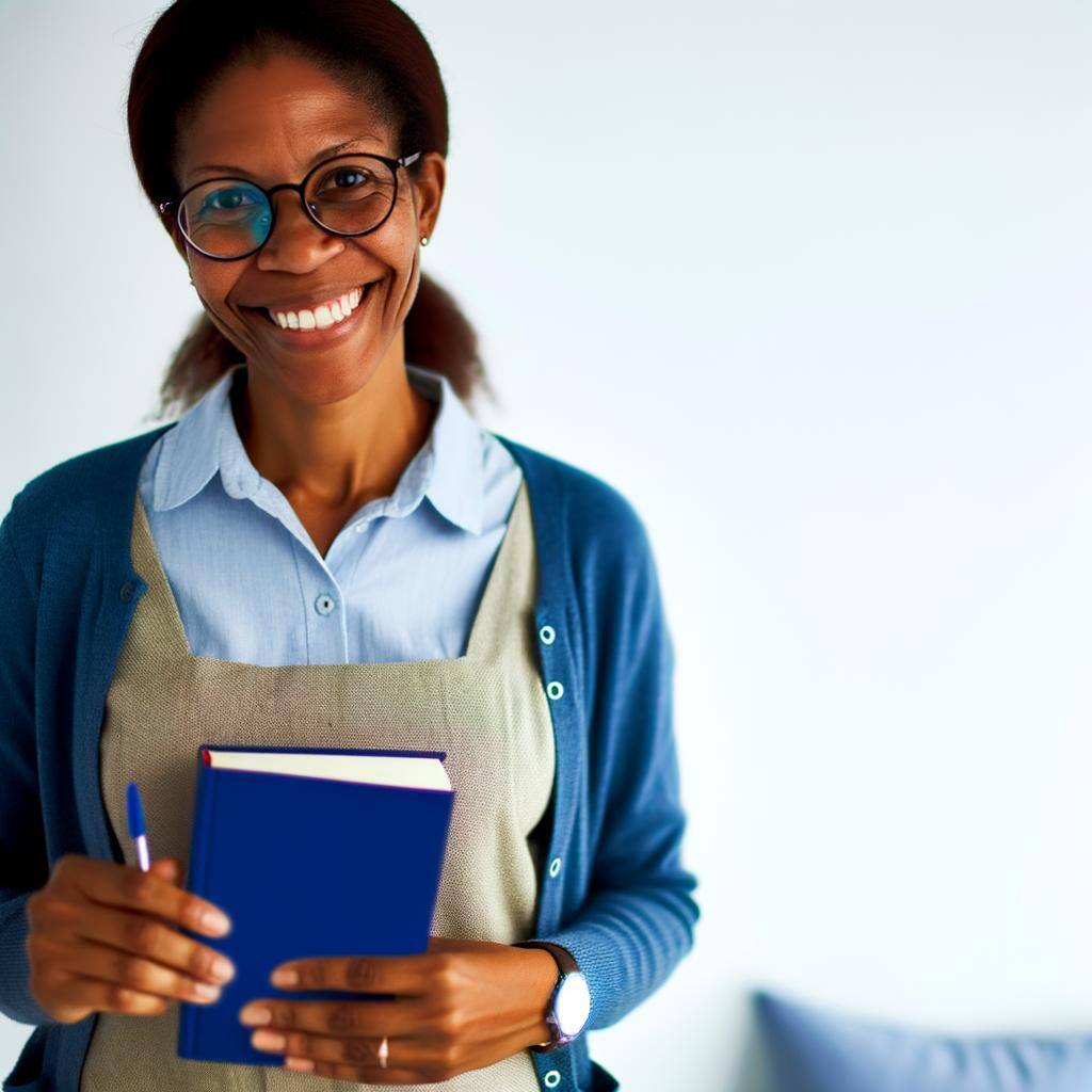 Une enseignante souriante dorigine africaine, nommée Mariam Sow, avec des lunettes et un livre à la main