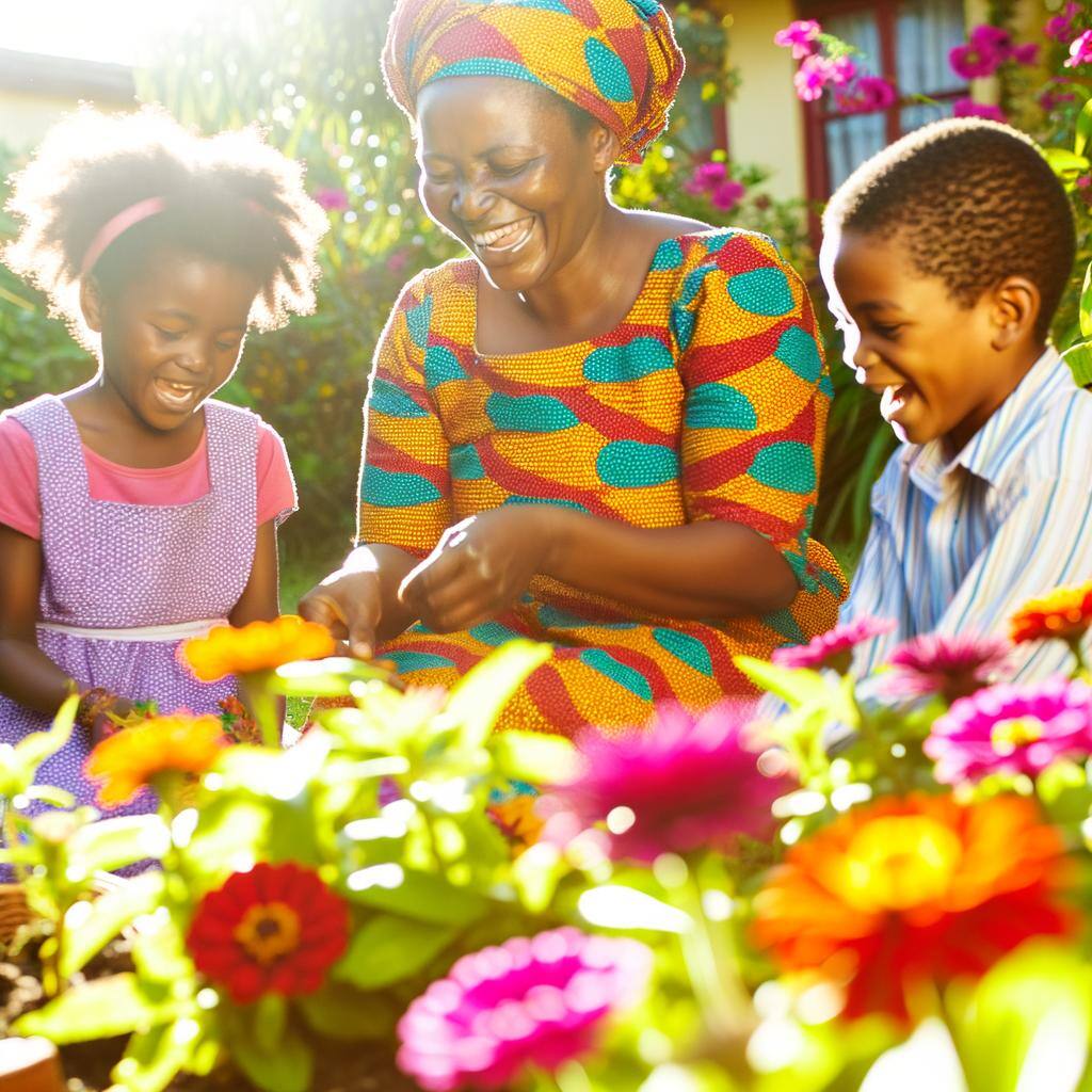 Une mère au foyer africaine, Nneka Okonkwo, jouant avec ses enfants dans un jardin ensoleillé